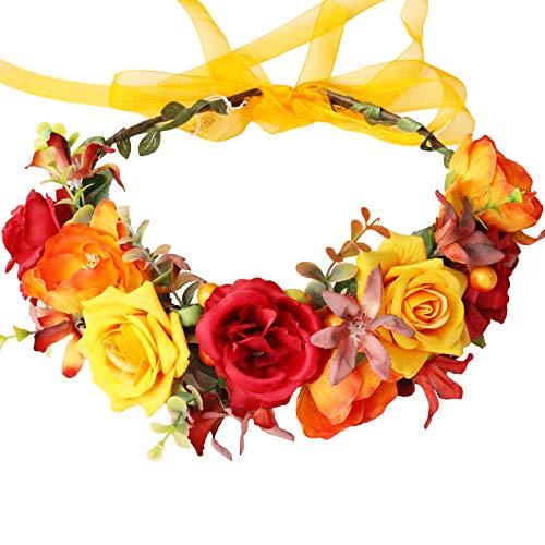 June Bloomy June Bloomy Women Rose Flower Crown Eucalyptus Leave Headband Baby Shower Floral Headpiece Greenery Garland Hair Wreath Photo Shoot (Orange Burgundy Yellow)