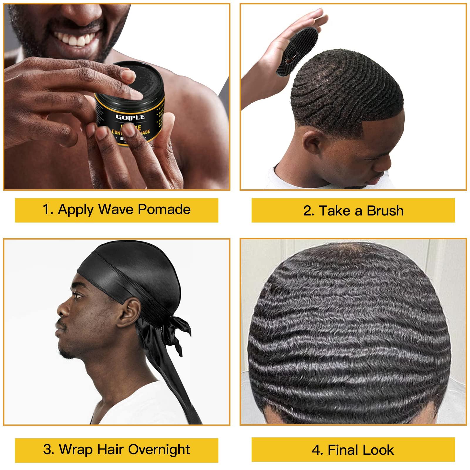 Goiple Natural Wave Pomade for Men Strong Hold, Easy Wash (Wave Pomade, 2 Wave Brushes, Silky Durag) Promotes Moisture, Control & Shine