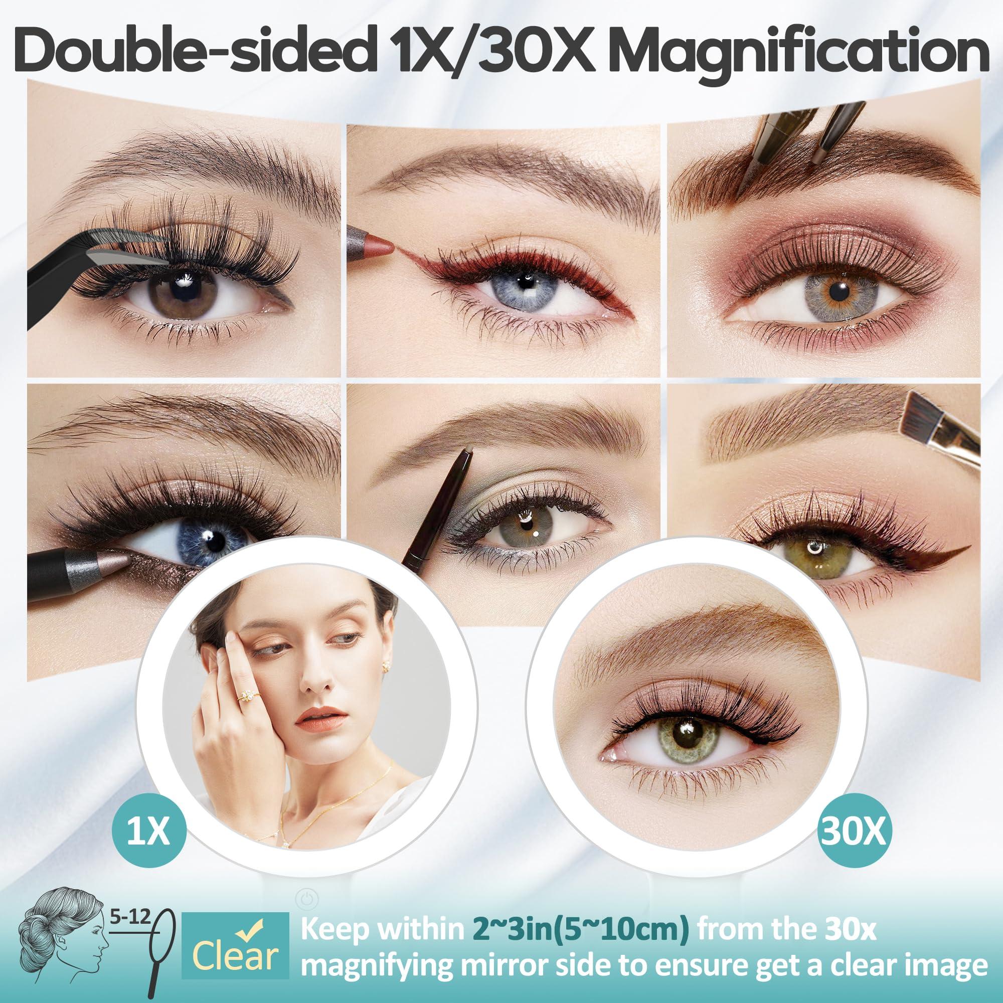 B Beauty Planet B Beauty Planet Magnifying Mirror with Light 30X, Double-Sided 1X/ 30X Magnifying Makeup Mirror with Tweezer, 2000mAh 3 Colour Modes with Adjustable Brightness,Foldable Compact Travel Mirror