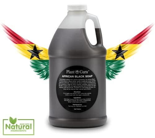 Plant Guru African Black Soap Liquid Half Gallon - 100% Raw Pure Natural From Ghana, Acne Treatment, Aids Against Eczema & Psoriasis, Dry Skin, Scar and Dark spot Removal, Pimples and Blackhead, Face & Body Wash