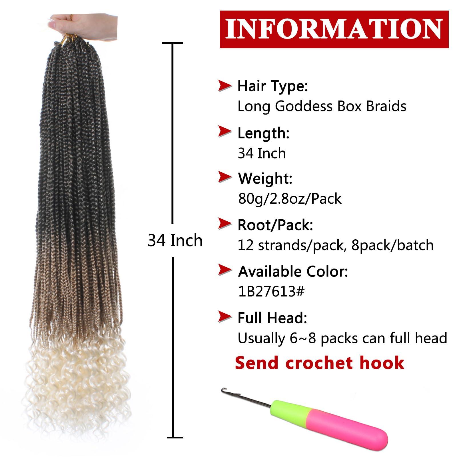 XTREND Xtrend 8 Packs 34 Inch Box Braids Crochet Hair Easy to Install Bohemian 3X Braid Pre-looped Knotless Curly Ends Jumbo Goddess Box Braids Hair Extensions for Women (12Strands/pack 1B27613)