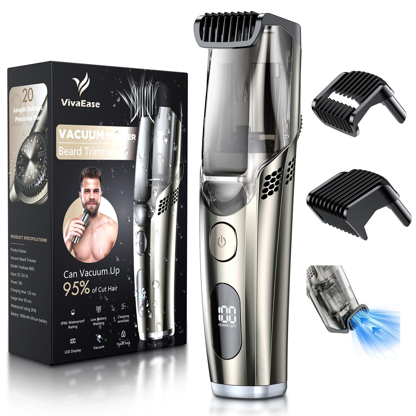 VivaEase VivaEase Vacuum Beard Trimmer for Men, Upgrade Adjustable Length with 2 Comb, Electric Vacuum Trimmer for Beard, Mustache and Stubble, Waterproof and Rinses Easy, High Precision Blades for Skin fit
