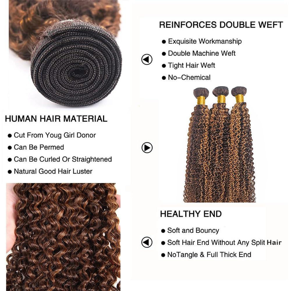 Biottihair Brown Bundles Human Hair Highlight Curly Wave Bundles 14 16 18 Inch Soft and Healthy P4/30 Human Hair Bundles Brazilian Hair 3 Bundles