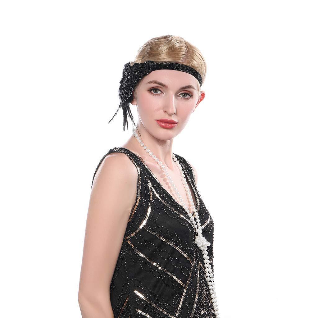 Aimimier Aimimier 1920s Flapper Feather Headband with Veil Black Beaded Sequined Costume Headpiece with Elastic Band Carnival Party Roaring Hair Accessories