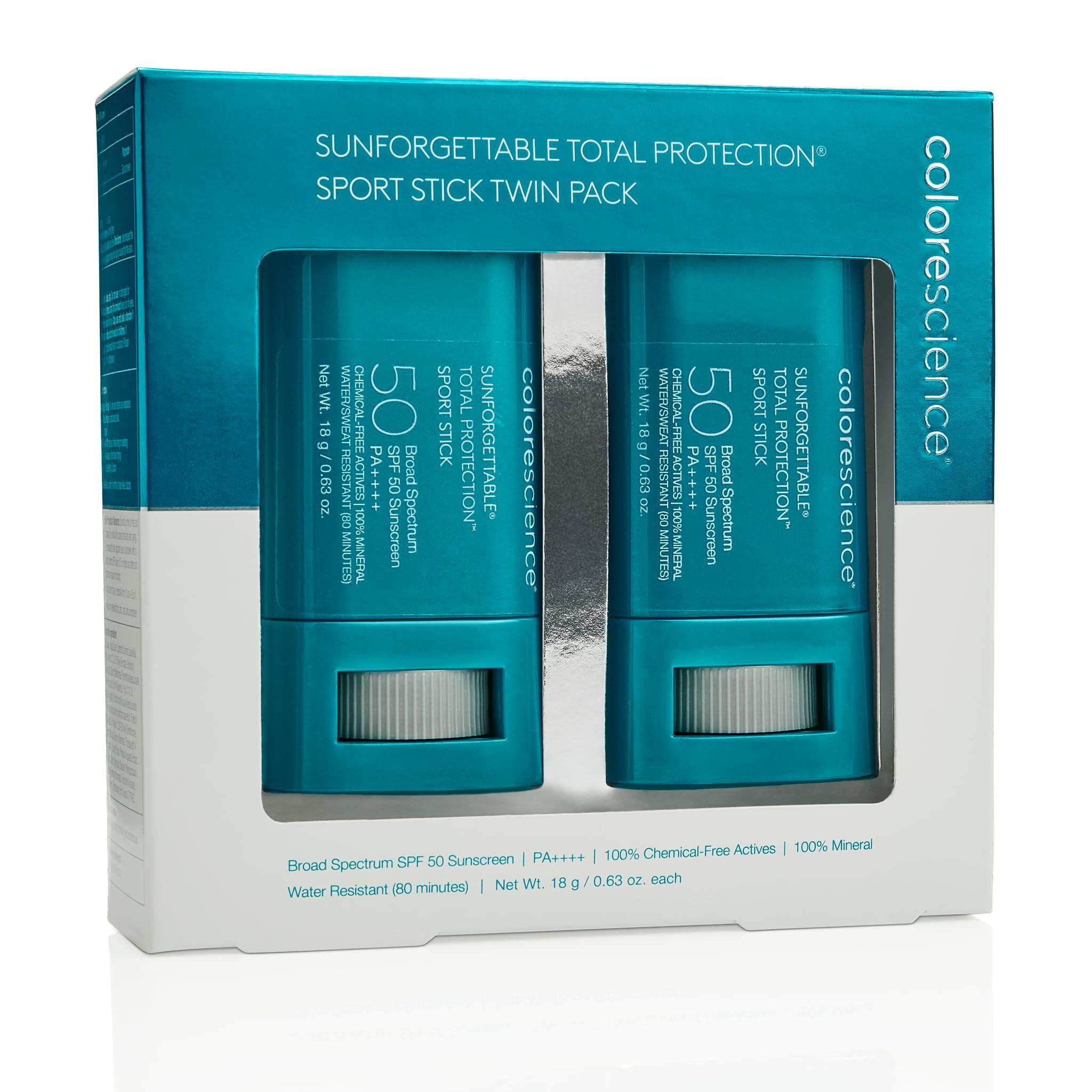 Colorescience Colorescience Sunforgettable Total Protection Sport Stick SPF 50, Set of 2, Mineral, Broad Spectrum, Water/Sweat Resistant, Reef Safe, Hypoallergenic, 2 ct.