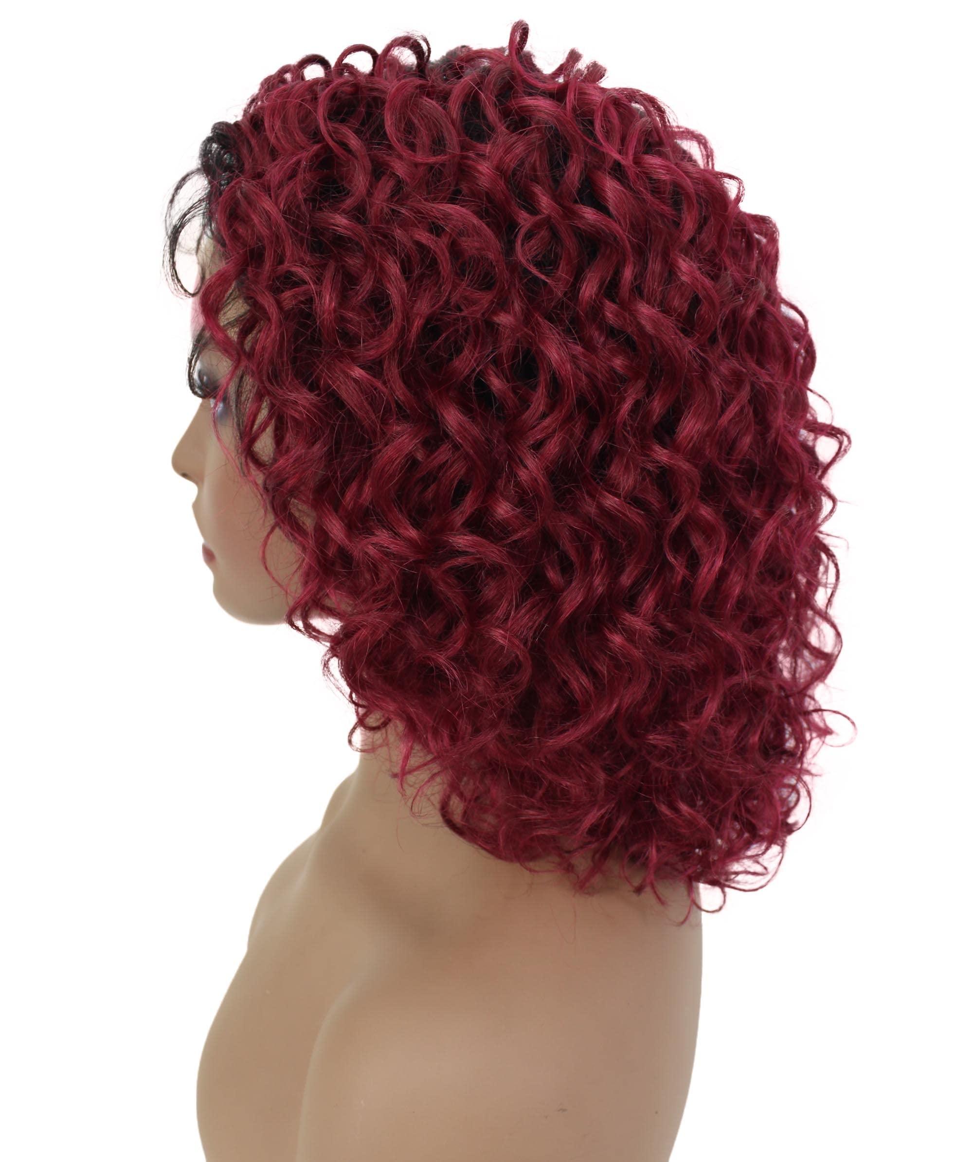 LUXLUXE LUXLUXE Lanelle Curly Jaw-Length Cut 11 in Long Side Part Wig, Heat Stylable Human Hair, BLH-0007 (Black to Red Blend)