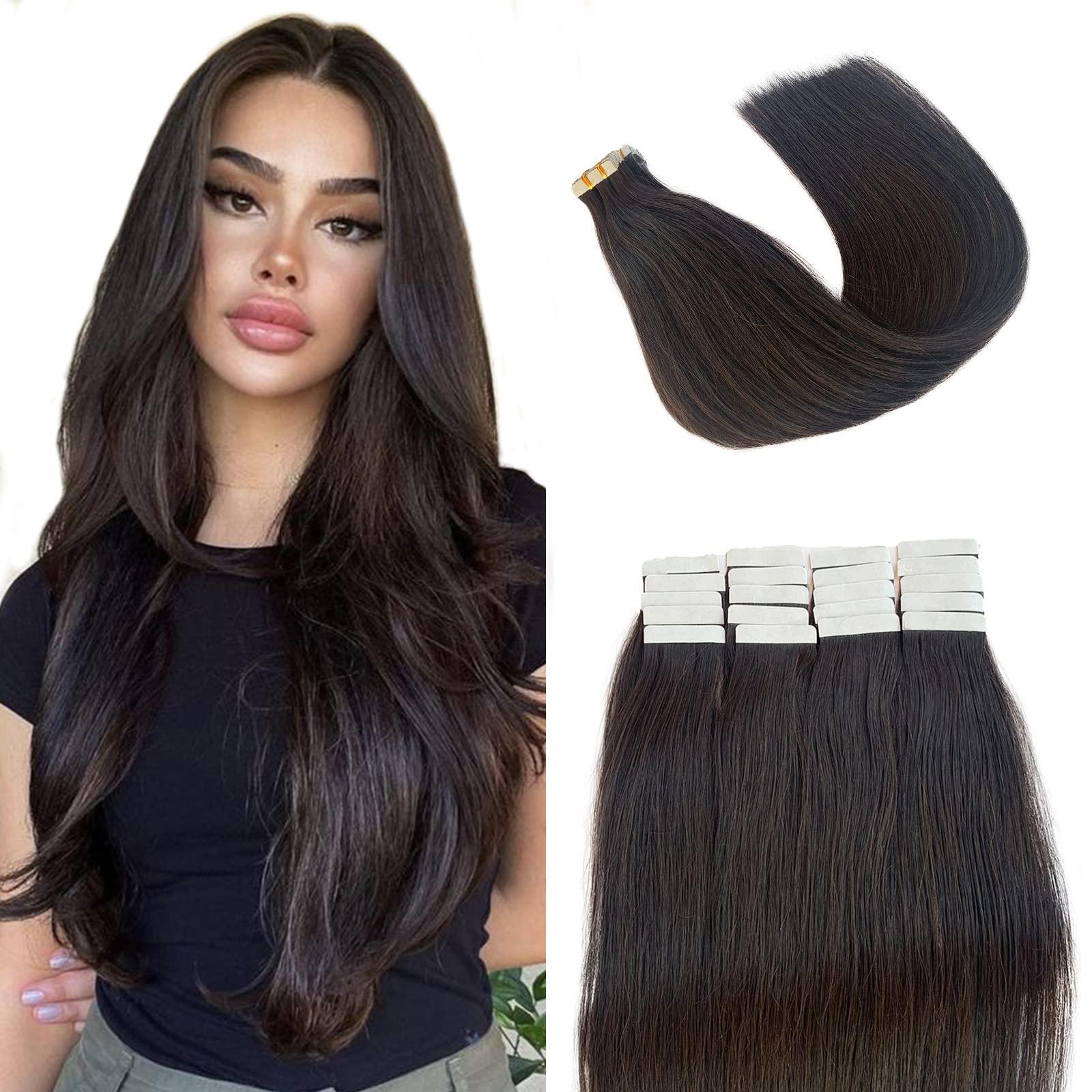 Licoville Dark Brown Tape in Extensions 14 Inch Real Human Hair 50g 20pcs Brown Tape in Hair Extensions Human Hair Double Drawn Straight Brown Hair Extensions Tape ins for Women