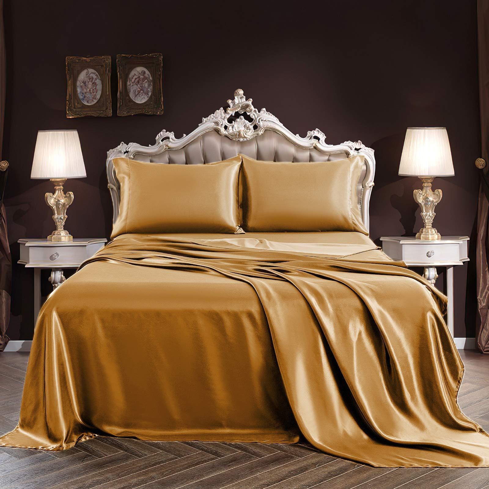 Bedding Sense Silk Satin Sheet Set 4pc Sheet with 12 Deep Pocket,One Silk Satin Travel Sheet Free - Extra Soft - Breathable & Cooling - Wrinkle Free - Comfy- Bed Sheets -(Full XL Gold)