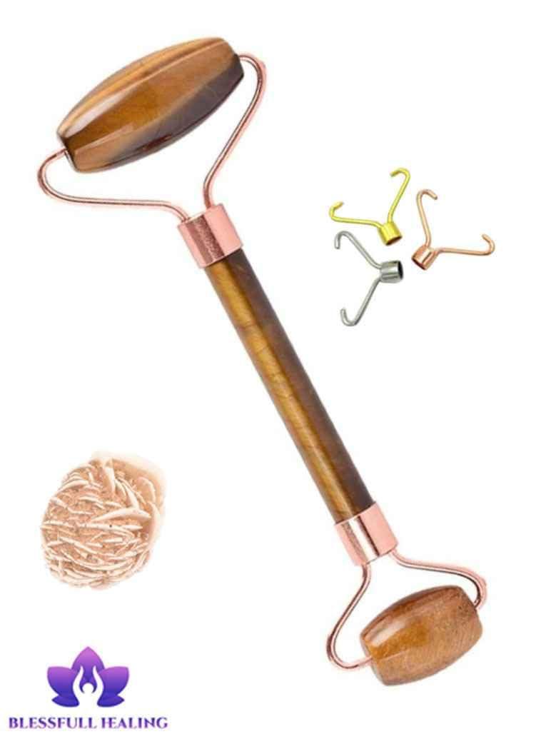 Blessfull Healing Blessfull Healing Tiger Eye Gua Sha SPA Jade Massage Roller Massager Eye Face Neck Facial Relaxation Slimming Tool with Rose Desert Selenite