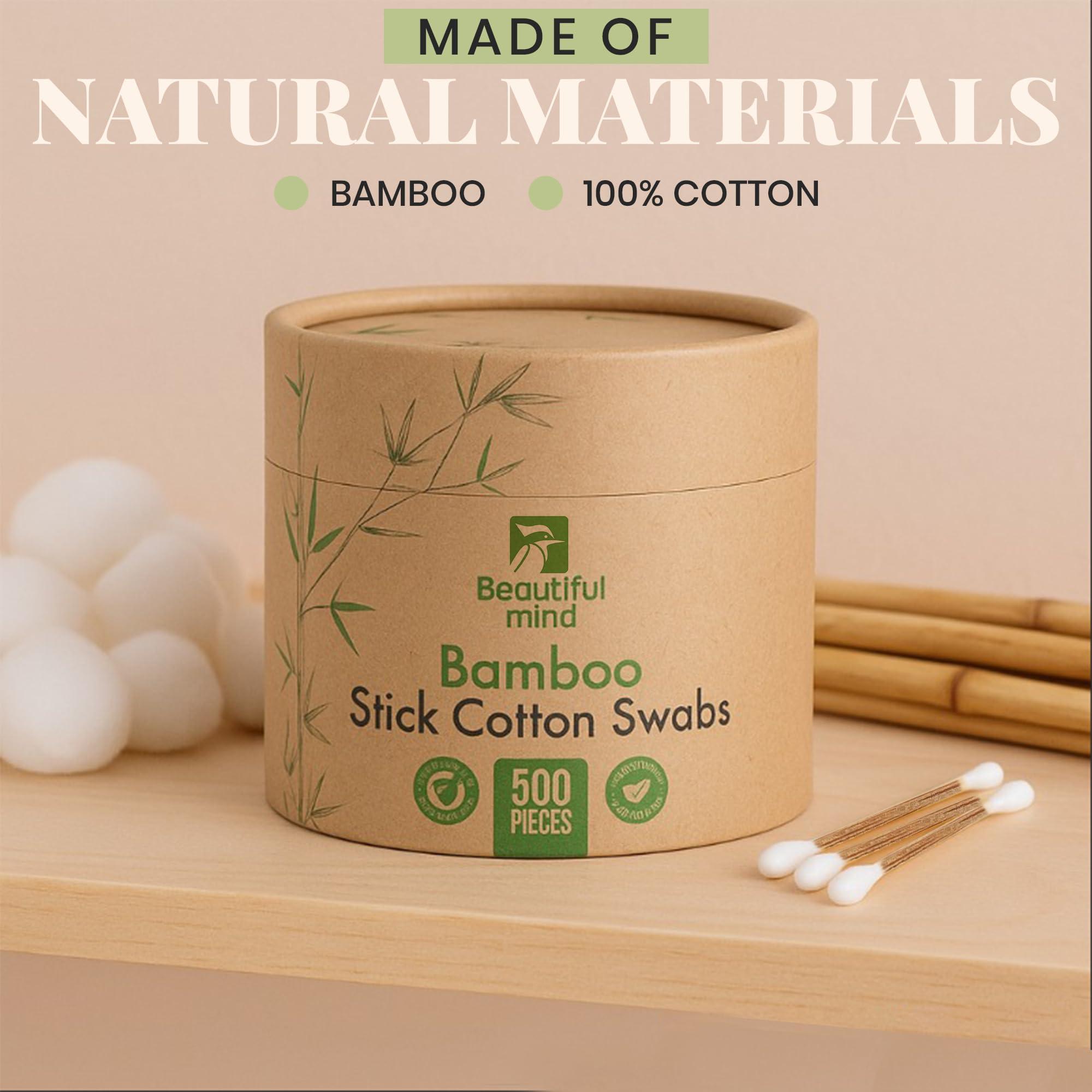 Beautiful Mind Beautiful Mind Bamboo Cotton Swabs for Ears  500 Pack  Qtips with Carbonized Bamboo for Durability  Eco-Friendly, Biodegradable & Vegan  100% Organic Cotton Ear Swabs for Makeup