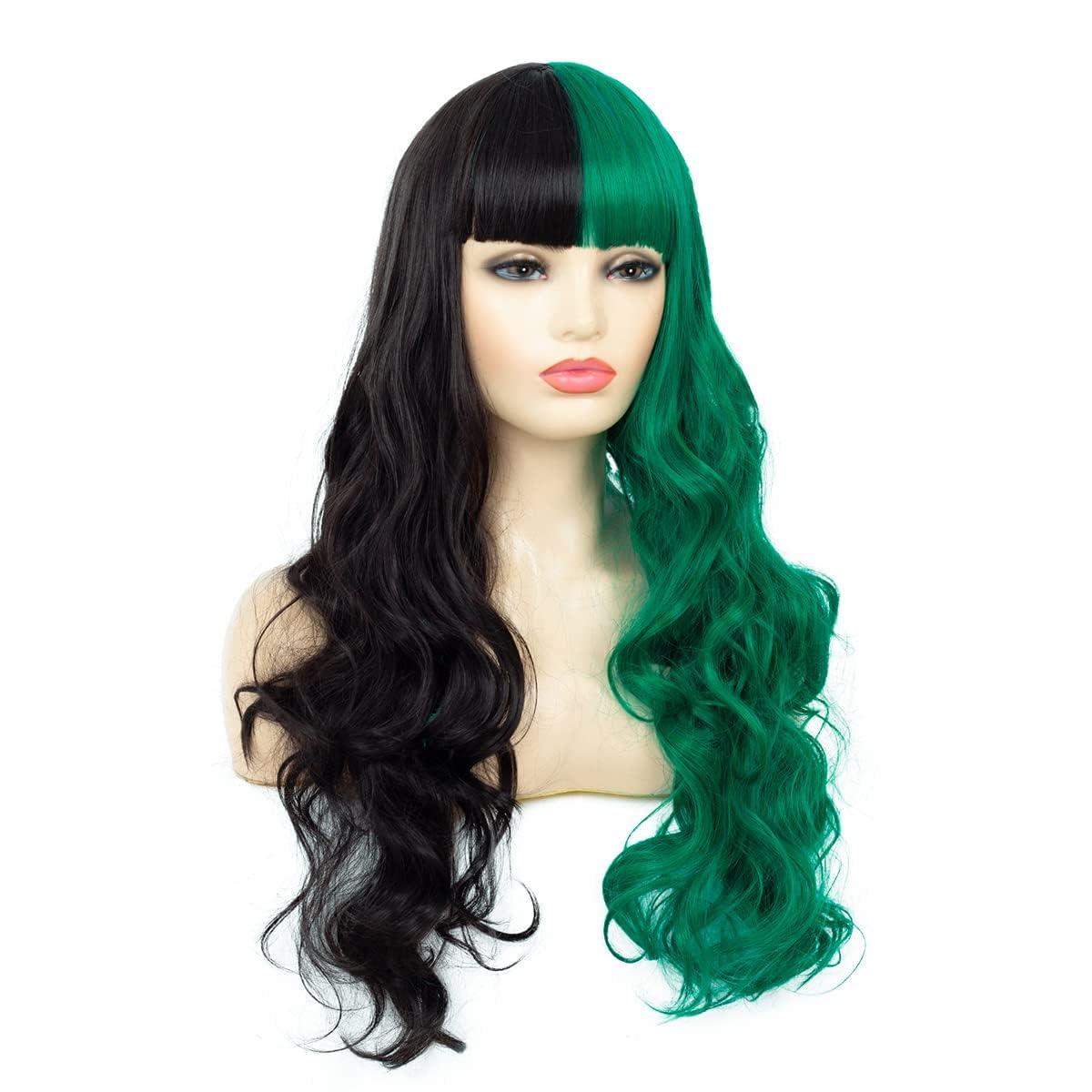 Baruisi Baruisi Half Black Half Green Wig Long Curly Wavy Black Green Synthetic Heat Resistant Costume Cosplay Bangs Wig for Women