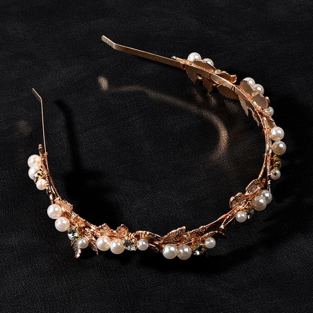 Beaupretty Beaupretty Pearls Leaf Headband Rhinestones Bridal Headpiece Jewelry Roman Goddess Hair Accessories for Bride Gold