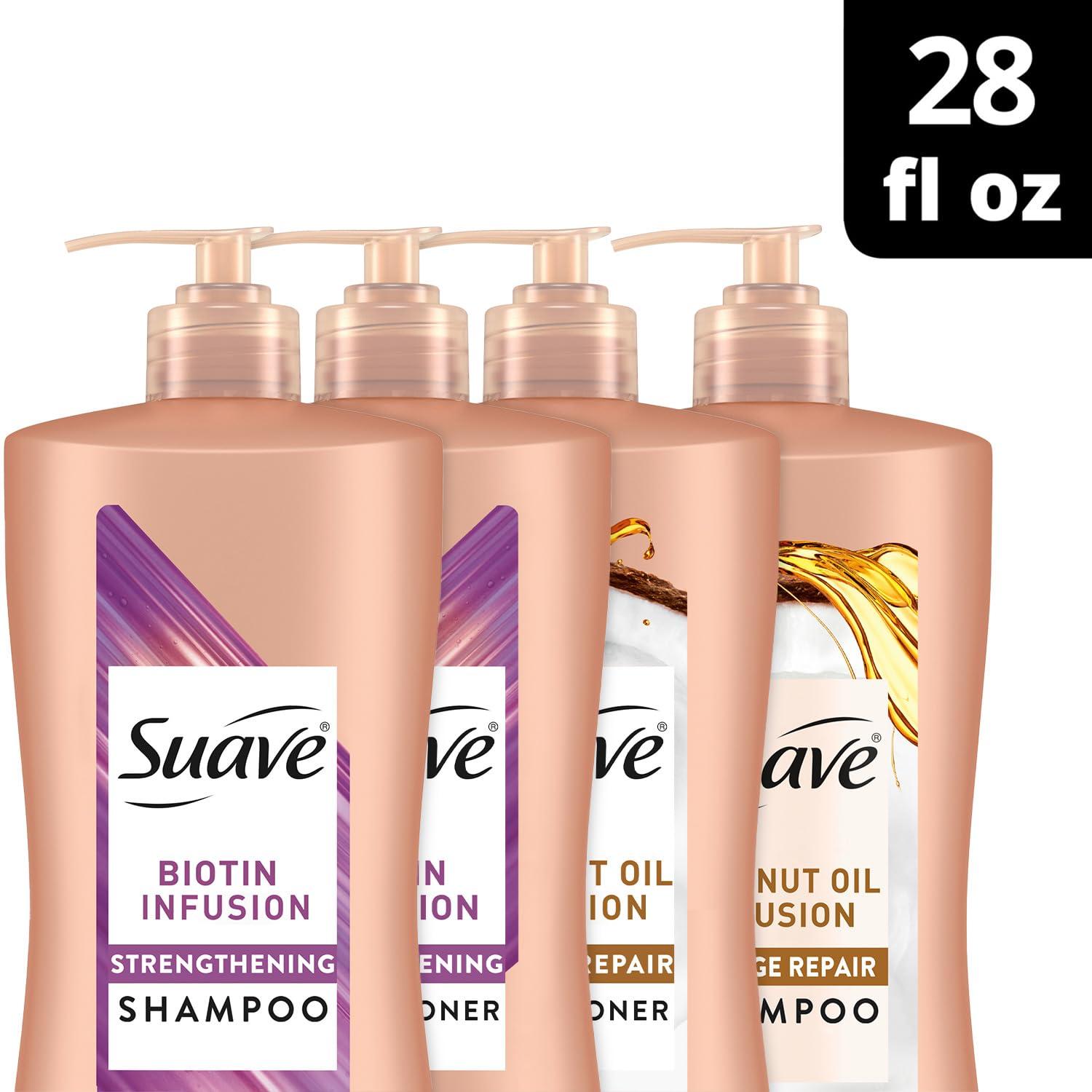Suave Suave Shampoo and Conditioner Set, Coconut Oil Infusion + Biotin Infusion Hair Repair & Strengthening Hair Care Bundle, 28 Oz Ea (4 Piece Set)