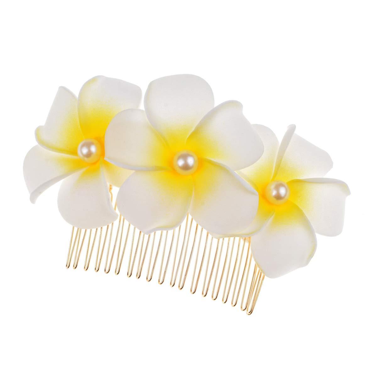 Love Sweety Love Sweety Hawaiian Plumeria Pearl Hair Clips Women Side Comb Flower Barrettes for Beach Party (Golden Comb-White)