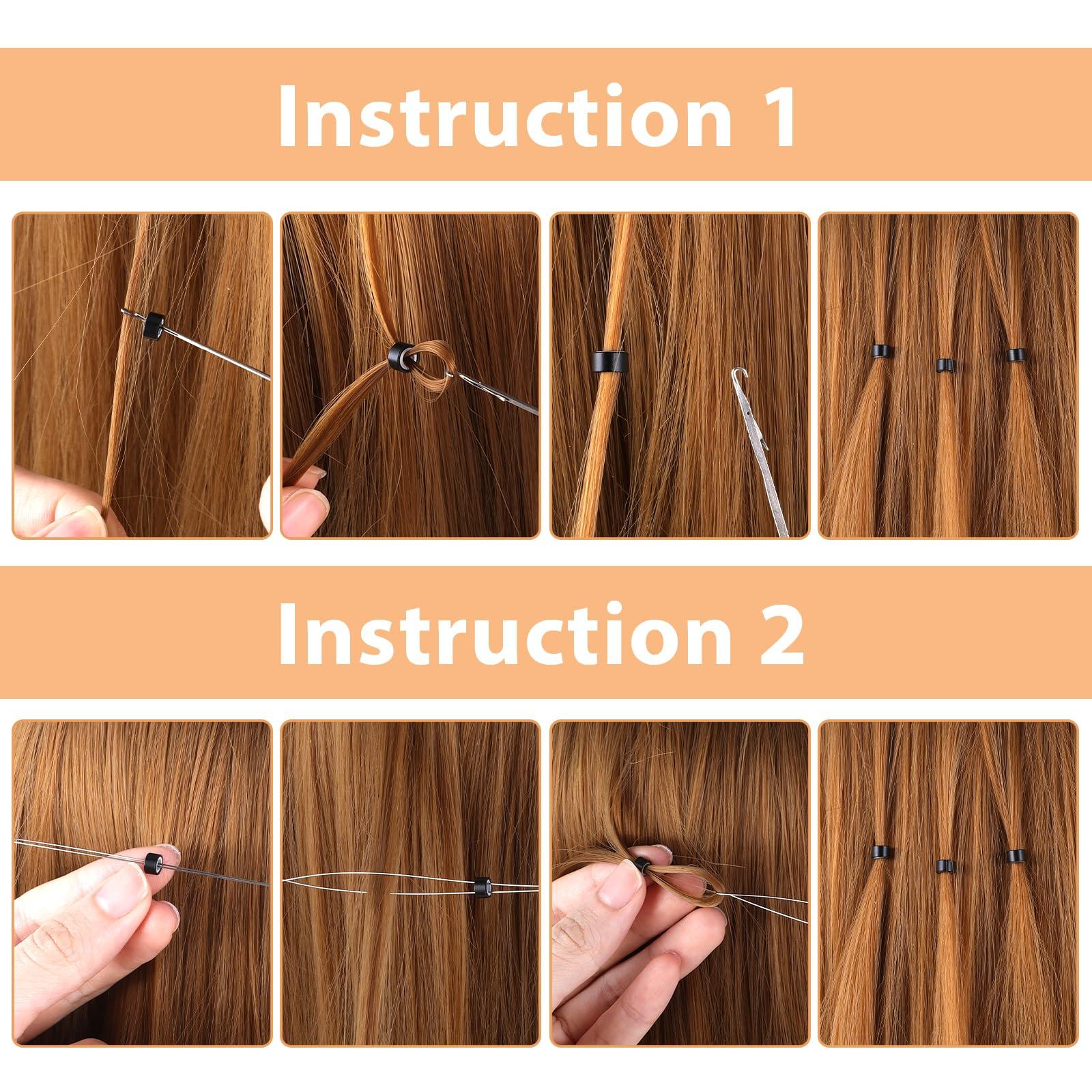 Abeillo 200Pcs Hair Extentions Beads 4mm Silicone Lined Micro Beads with Pulling Hook Needle, Bead Device Tool Kits for Hair Extensions(Black)