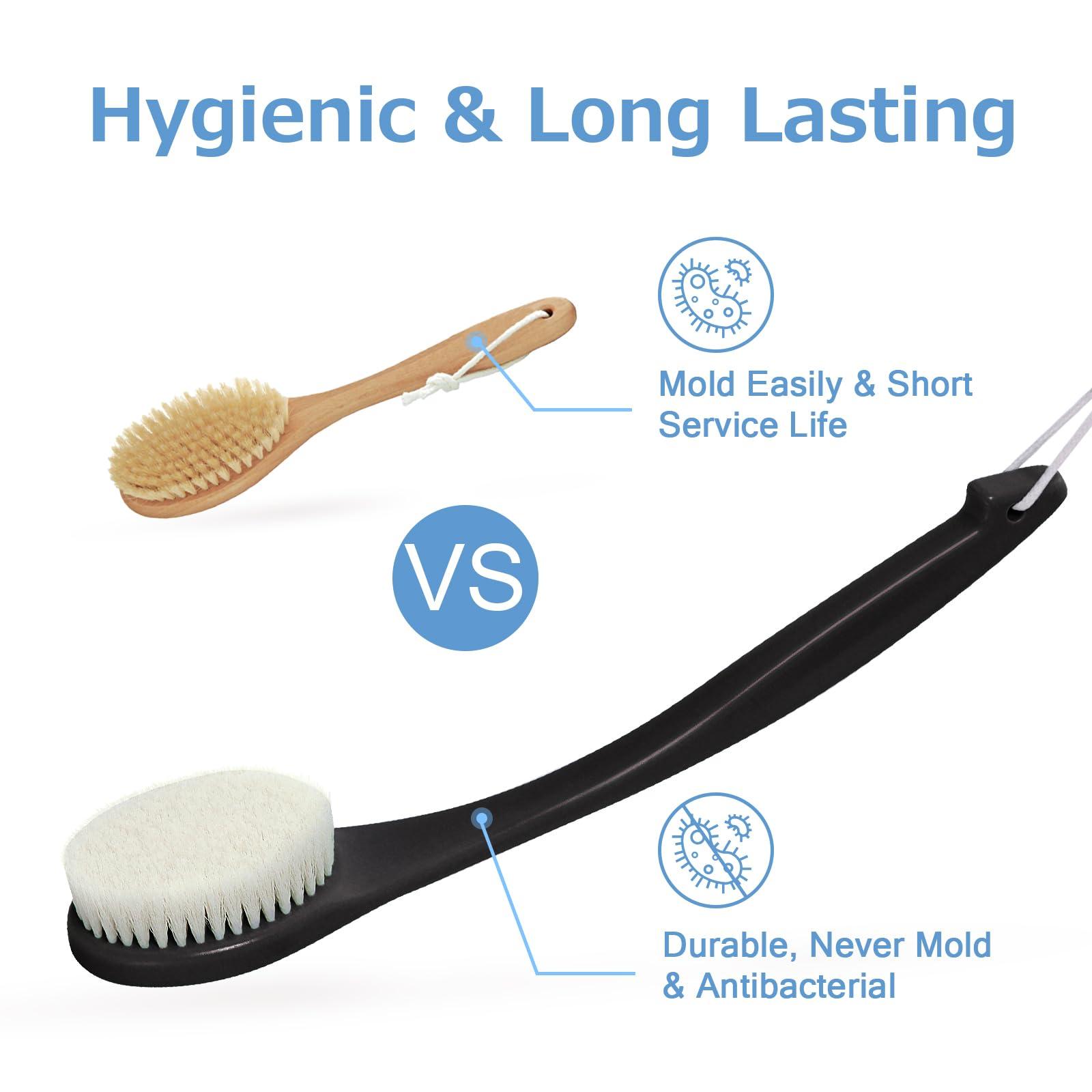 VANZAVANZU Exfoliating Shower Brush, Bath Body Brush, Never Mold Back Brush Long Handle for Shower, Dry Brushing Body Brush or Wet Brush with Moderate Bristles Black