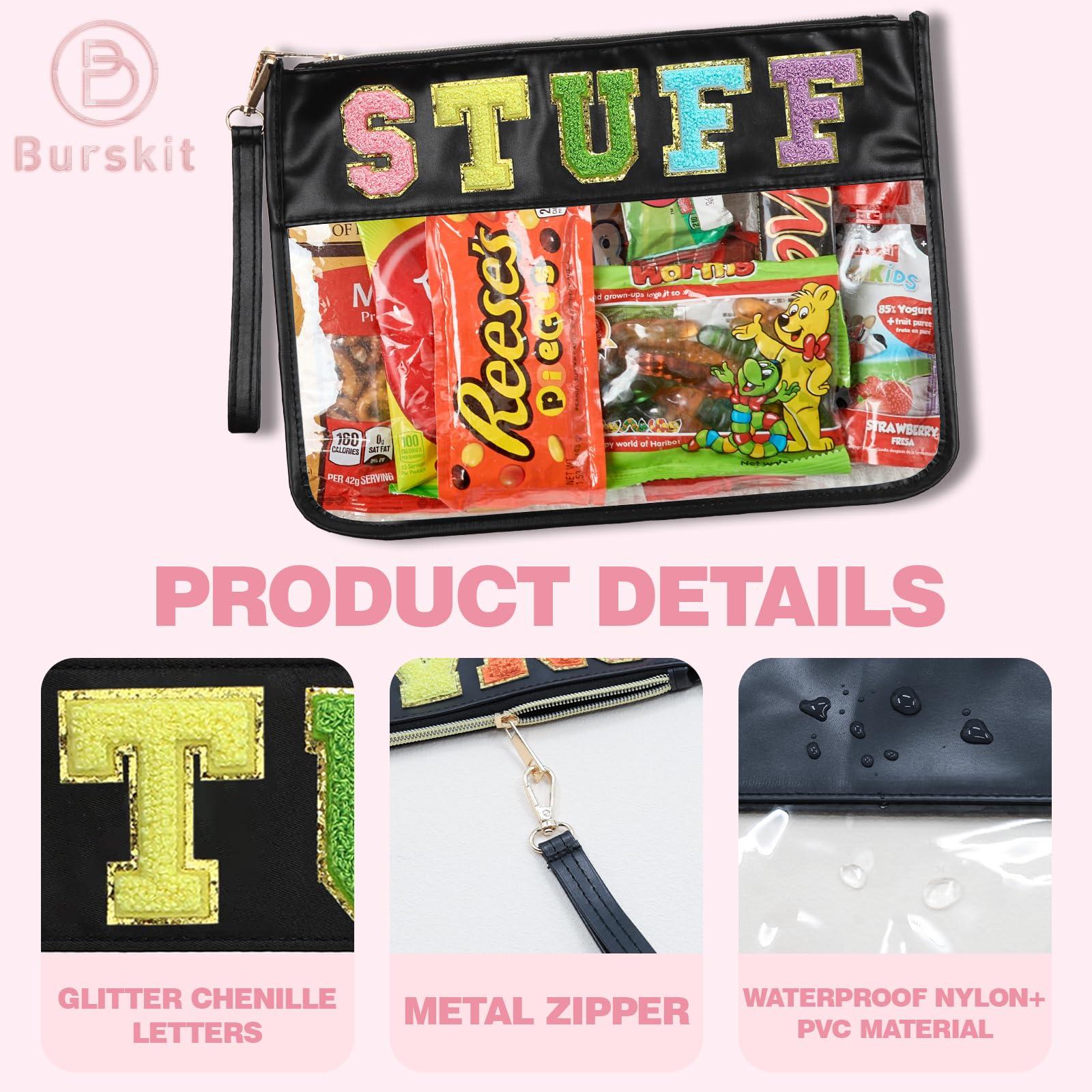 Burskit Burskit Chenille Letter Clear Zipper Pouch for Travel Preppy Stuff Bag Aesthetic Storage Organizer Pouches for Women with Glitter Patch Letters (Black-Stuff)