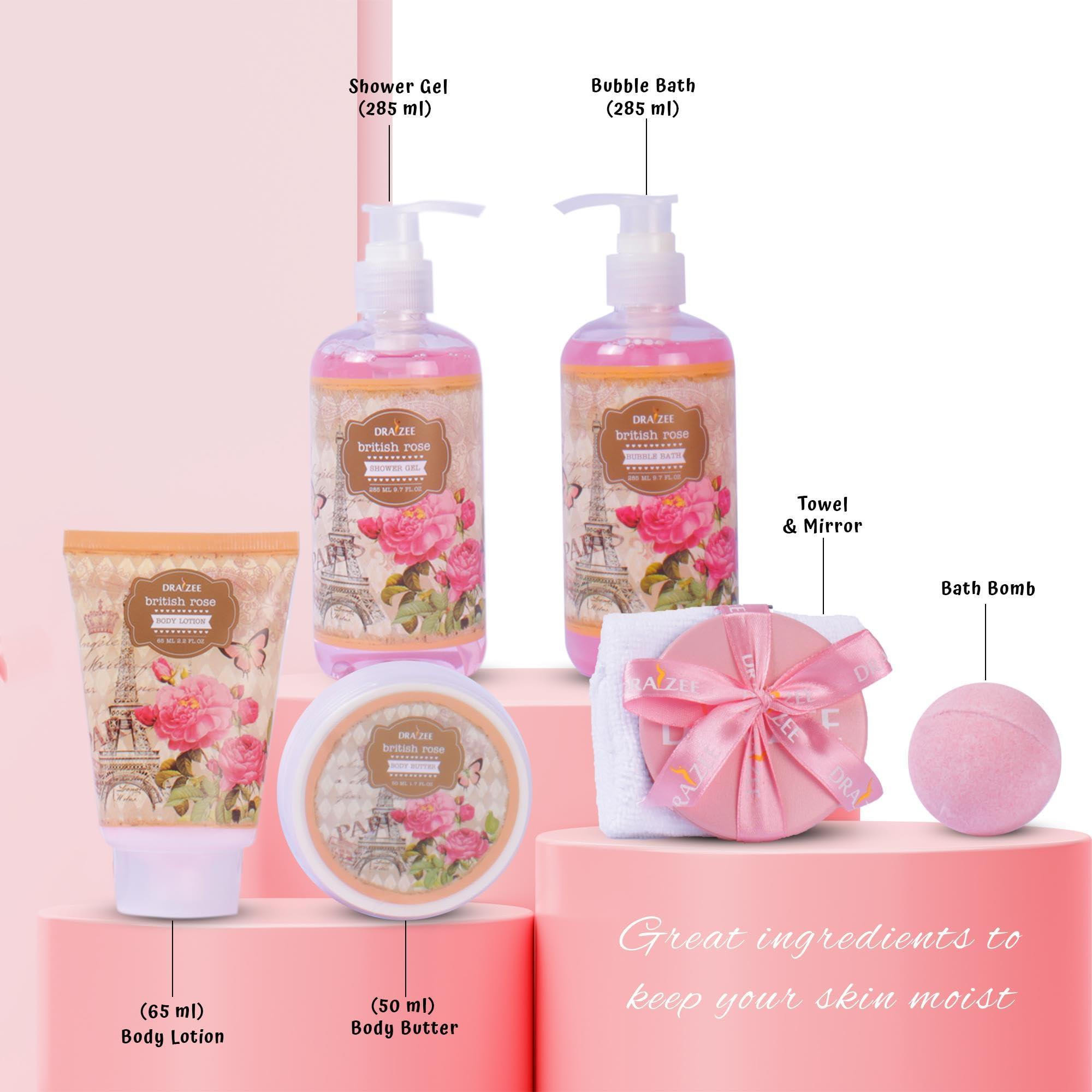 Draizee Spa Gift Basket For Women - Luxury British Rose Scented Bath and Body Set of 8-Pcs Heel Shoe Spa Basket with Body Lotion, Butter, Shower Gel, Bubble Bath & More - Gift for Her, Mom by Draizee