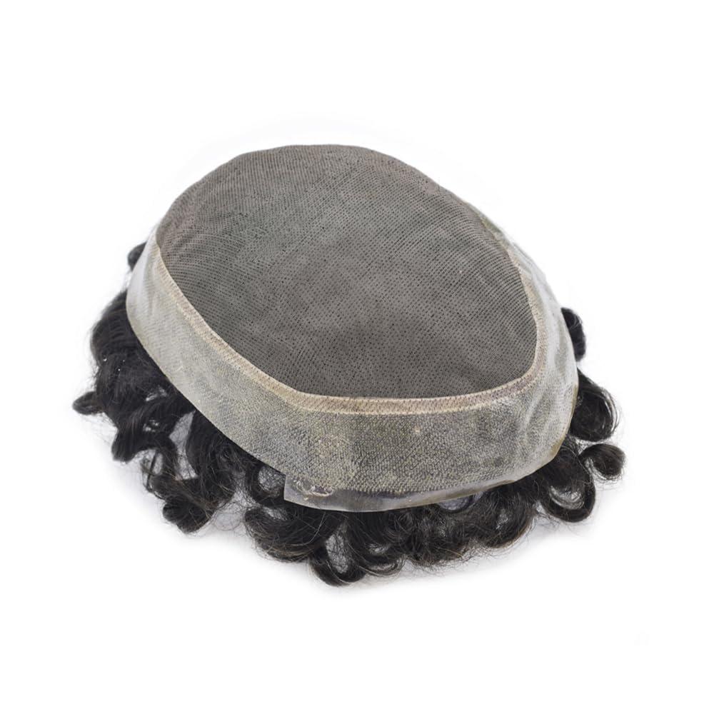 F M FACE MIRACLE NEW YORK Curly Toupee for Men 20mm 25mm Wave Mens Hair Replacement Systems With Fine Mono with Poly Skin Around Base Curly Mens Hair System Curly Hair Units for Men8"x10"1# JET BLACK-25MM WAVE