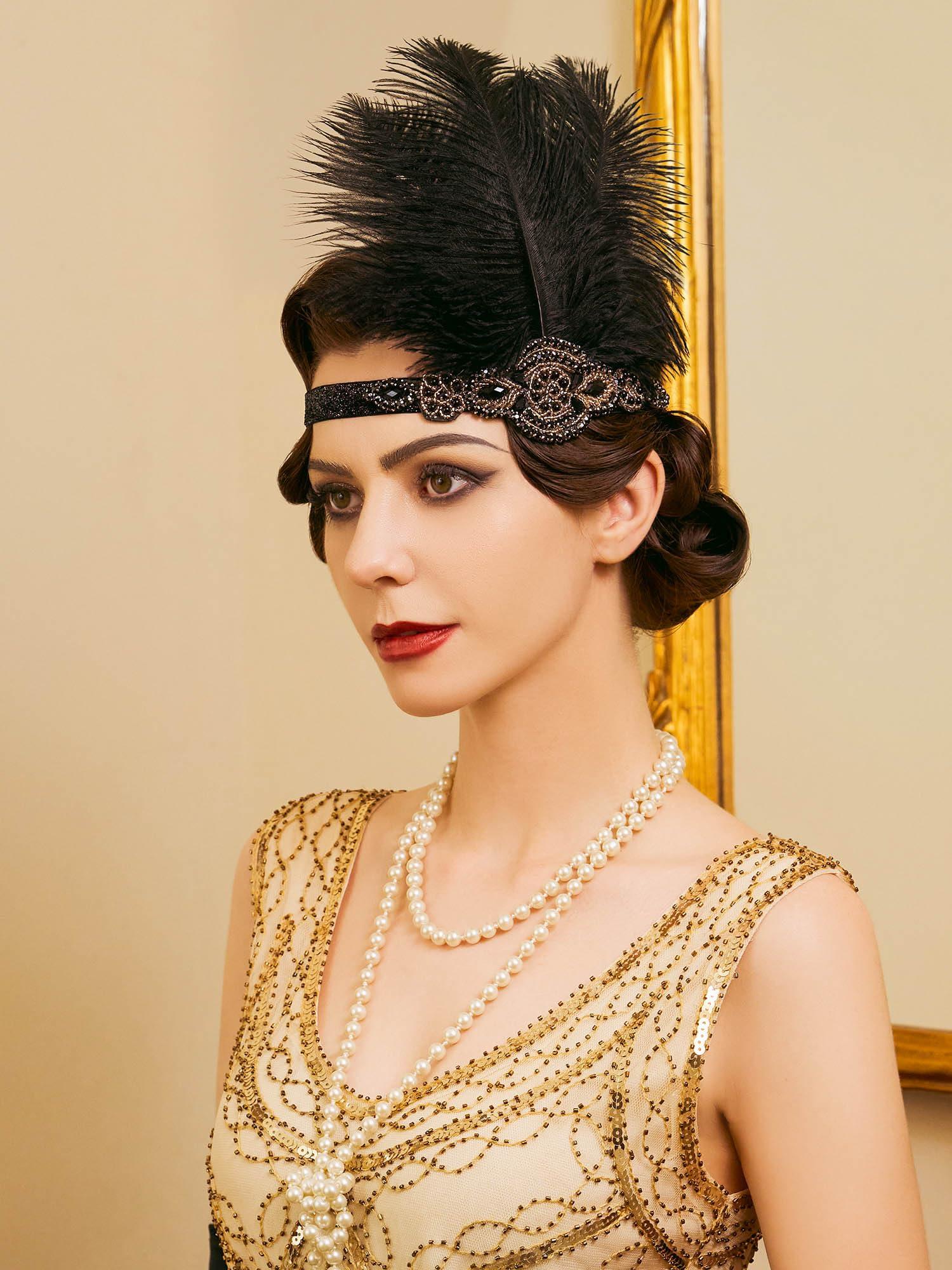 SWEETV SWEETV 1920s Headpiece Flapper Headband, Feather Rhinestone Roaring 20s Great Gatsby Hair Accessories for Women,Gold