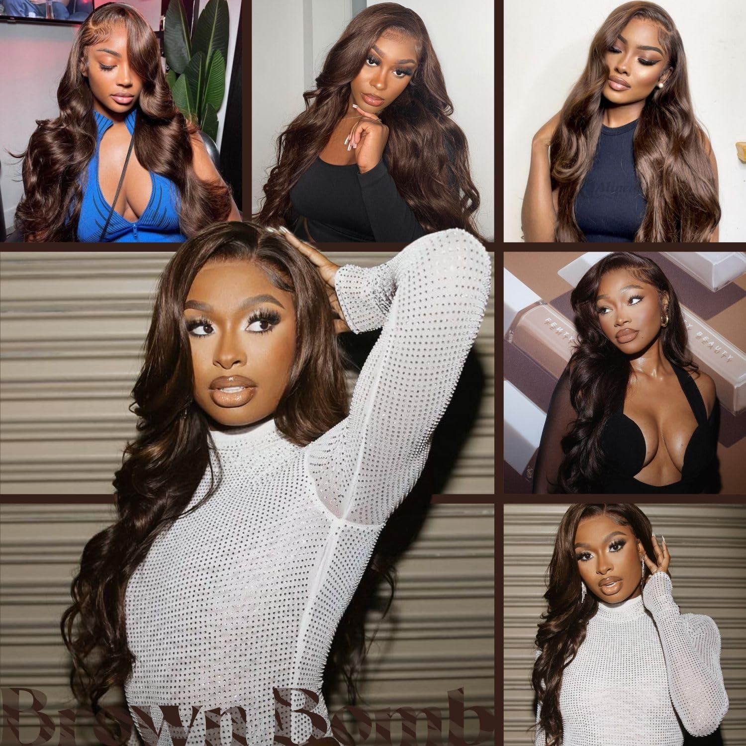 BrownBomb BrownBomb Body Wave Lace Front Wig, Synthetic Lace Front Wig Pre Plucked Glueless Wigs 13X5X1 HD Lace Front Wigs for Women 24inch Side Part Wig (Brown, 24)
