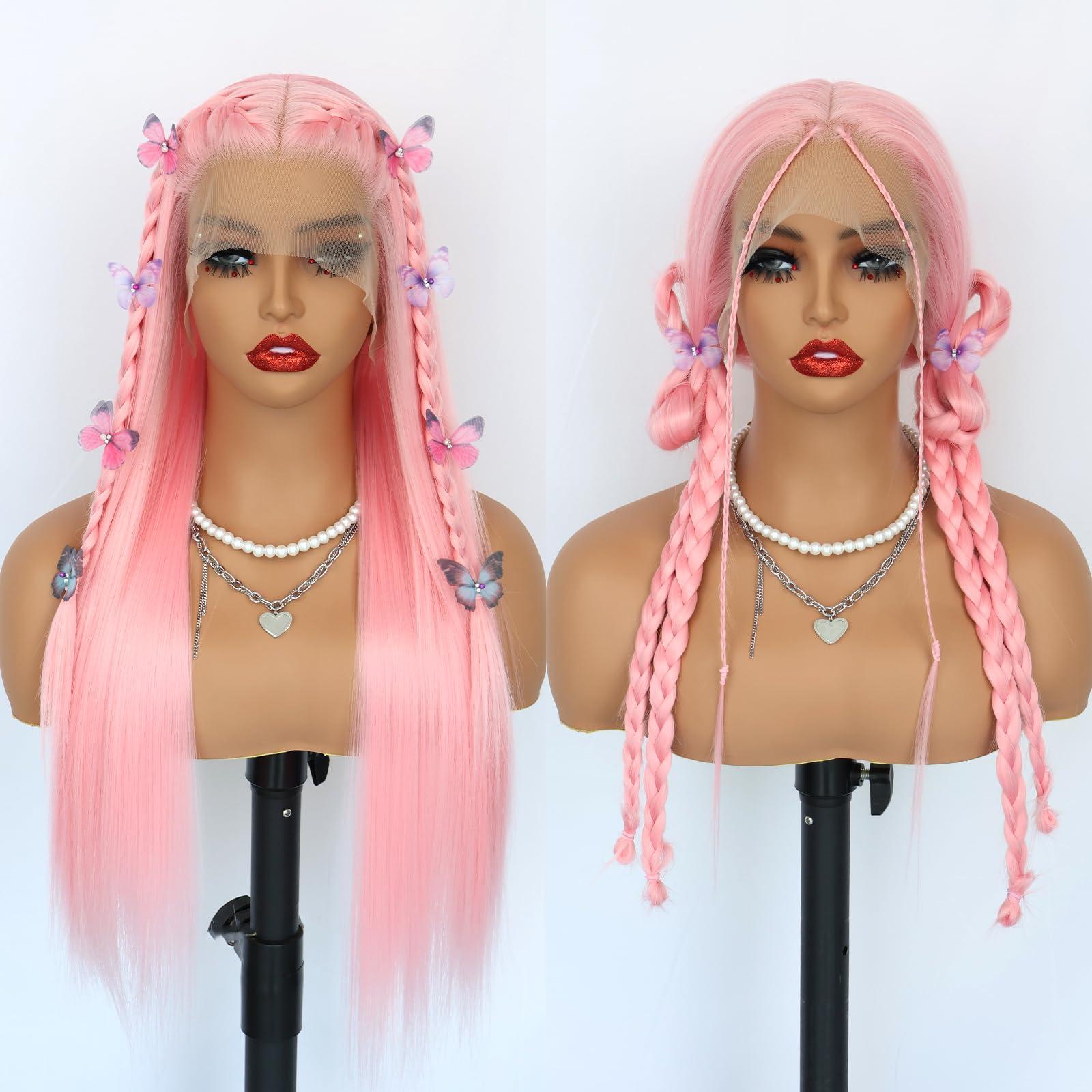 Oxeely Oxeely Light Pink Synthetic Lace Front Wigs Long Straight Hair Pink Lace Wigs Natural Hairline Pre Plucked Glueless Synthetic Lace Wigs Heat Resistant Fiber Hair Light Pink Wigs for Women Daily Wear
