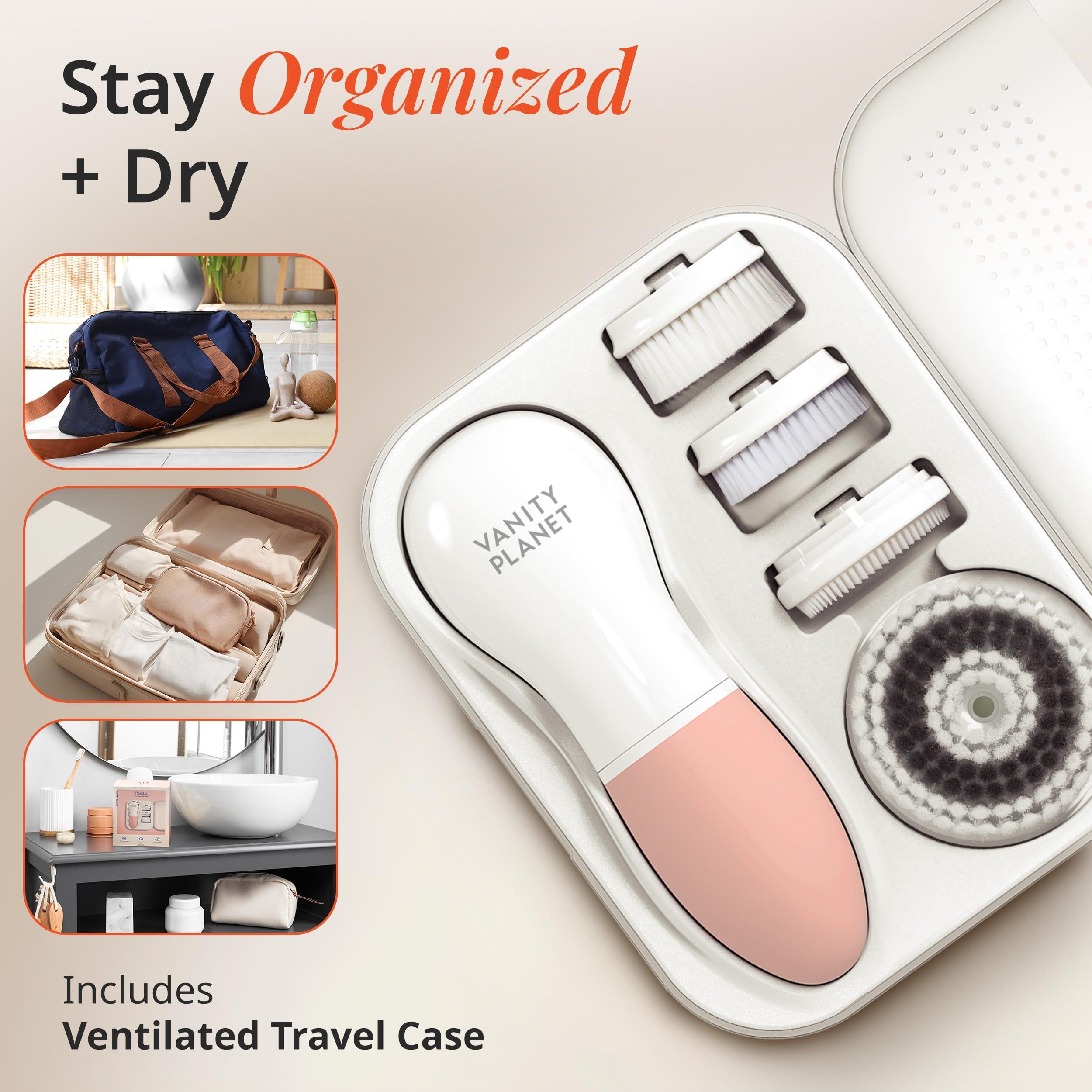 Vanity Planet Raedia Daily Facial Cleansing Brush with 4 Interchangeable Brush Heads by Vanity Planet - Handheld, Lightweight for Glowing Skin - Water Resistant Face Exfoliator - Dusty Pink
