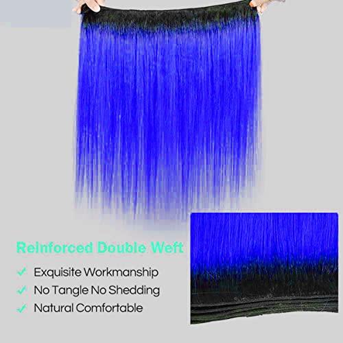 muaowig muaowig Blue Weave 3 Bundles Ombre Human Hair Bundles Dark Roots Black To Blue Tow Tone Hair Bundle Double Weft 3 Bundle Straight Ombre Hair Bundle 22 24 26 inch, 10.5822 Ounce