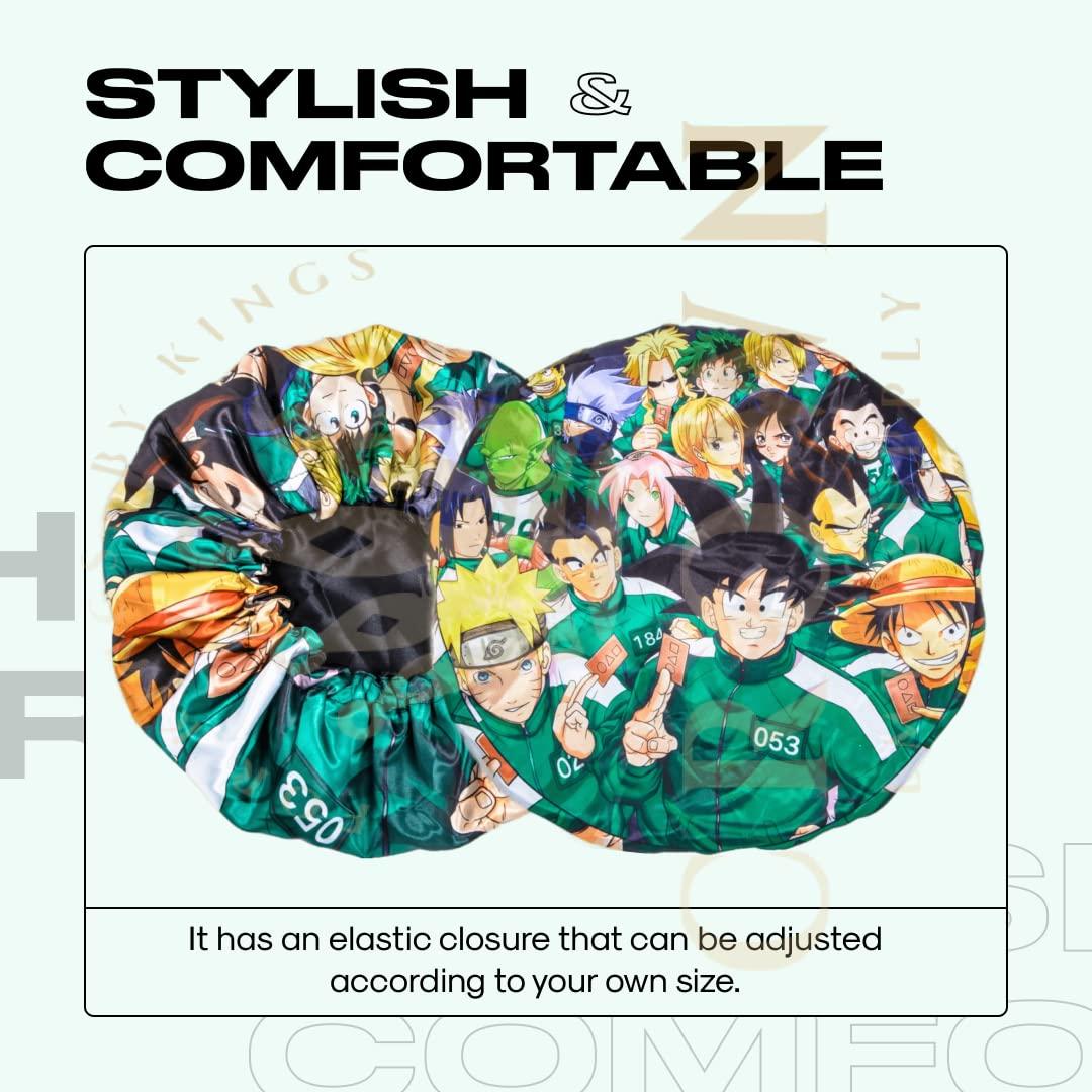 FOR KINGS. BY KINGS CROWN LMTD SUPPLY Large Silky Design Anime Bonnet with Elastic Soft Band Adjustable Women and Men, Comfortable Satin Fabric, SquidB