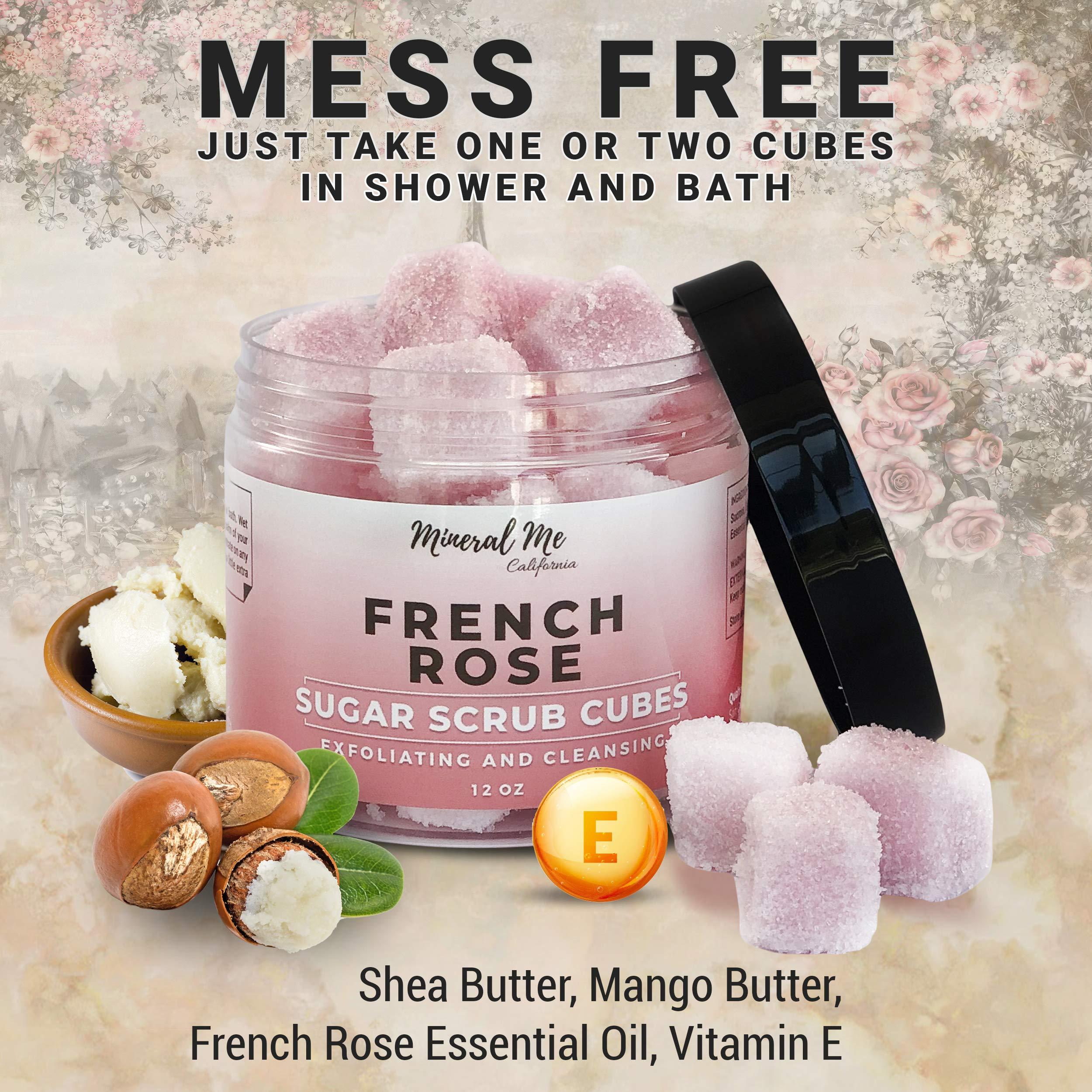 Mineral Me California Body Scrub Exfoliator - 12oz FRENCH ROSE Sugar scrub cubes w/Mango Butter & Shea butter- Ultra Hydrating & Moisturizing - Natural & Organic for all body exfoliation- For hands, arms, legs & foot