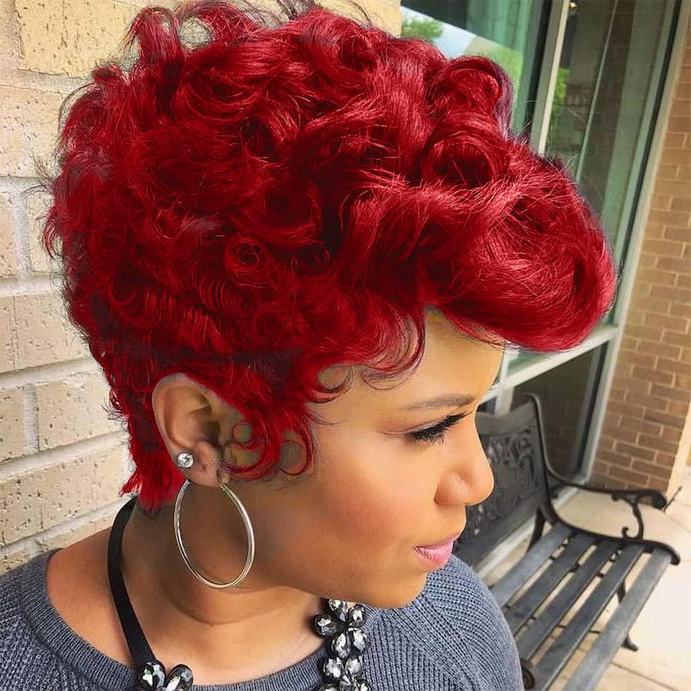 BingSing Red Pixie Wig for Women Natural Wavy Hair Pixie Cut Wigs with Bangs Red Pixie Wig Burgundy Short Red Pixie Wig Short Curly Red Wig for Black Women Synthetic Hair Pixie Cut Wig for Black Women (Red)
