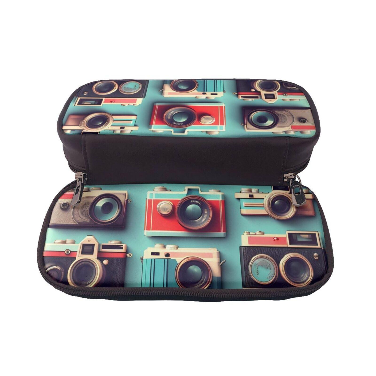 YHBLYKXP YHBLYKXP Retro Cool Camera Collection print Leather Flap Pencil Case,Toiletry Organizer,Zipper Coin Purse, Black