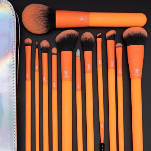 MODA MODA Totally Electric 13pc Full Face Makeup Brush Set, Includes - Powder, Complexion, Blush, Shader, Smudger & Crease Brushes with Zip Case (Neon Orange)