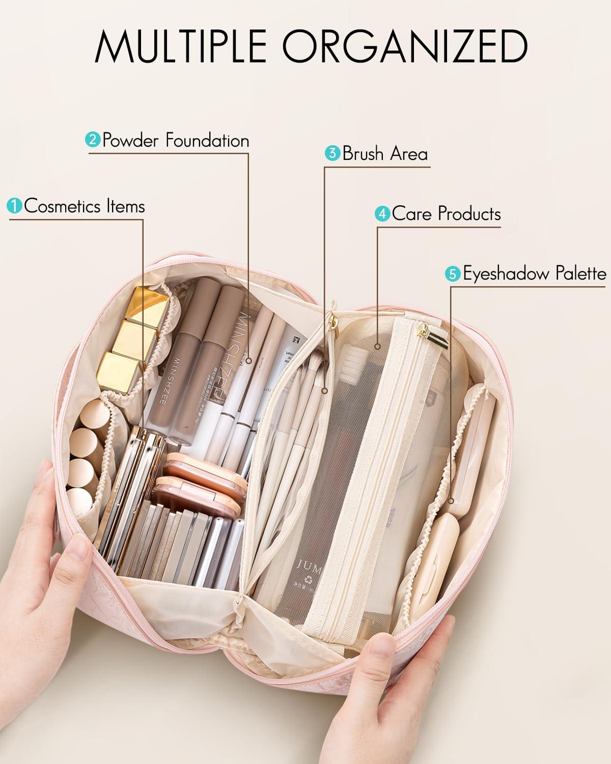 Vlando Vlando Makeup Bag,Travel Makeup Bag Waterproof Portable Cosmetic Bag PU Leather Open Flat Make up Organizer for Toiletries,Christmas Gifts Birthday Gifts for Women Girls Travelers(Sand Pink)