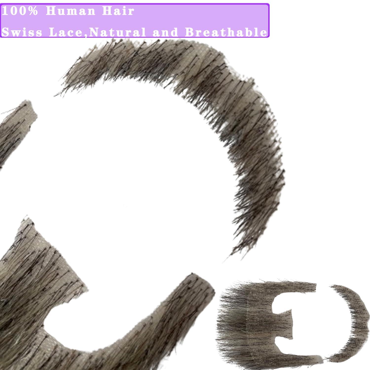 Voloria Voloria Fake Beard Realistic Human Hair Full Hand Tied Facial Hair Black Goatee False Beards Lace Invisible Fake FaceMustache Cosplay Costume Party (Style-1, Black Mixed White)