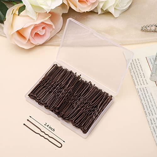 Cehony Cehony U Shaped Hair Pins, 200 Count Buns Waved Hair Pins for Updos with Box for Women Lady Girls Bobby Pins French Historical Hair Styling Pins Hair Accessories (Brown, 2.4 Inch)