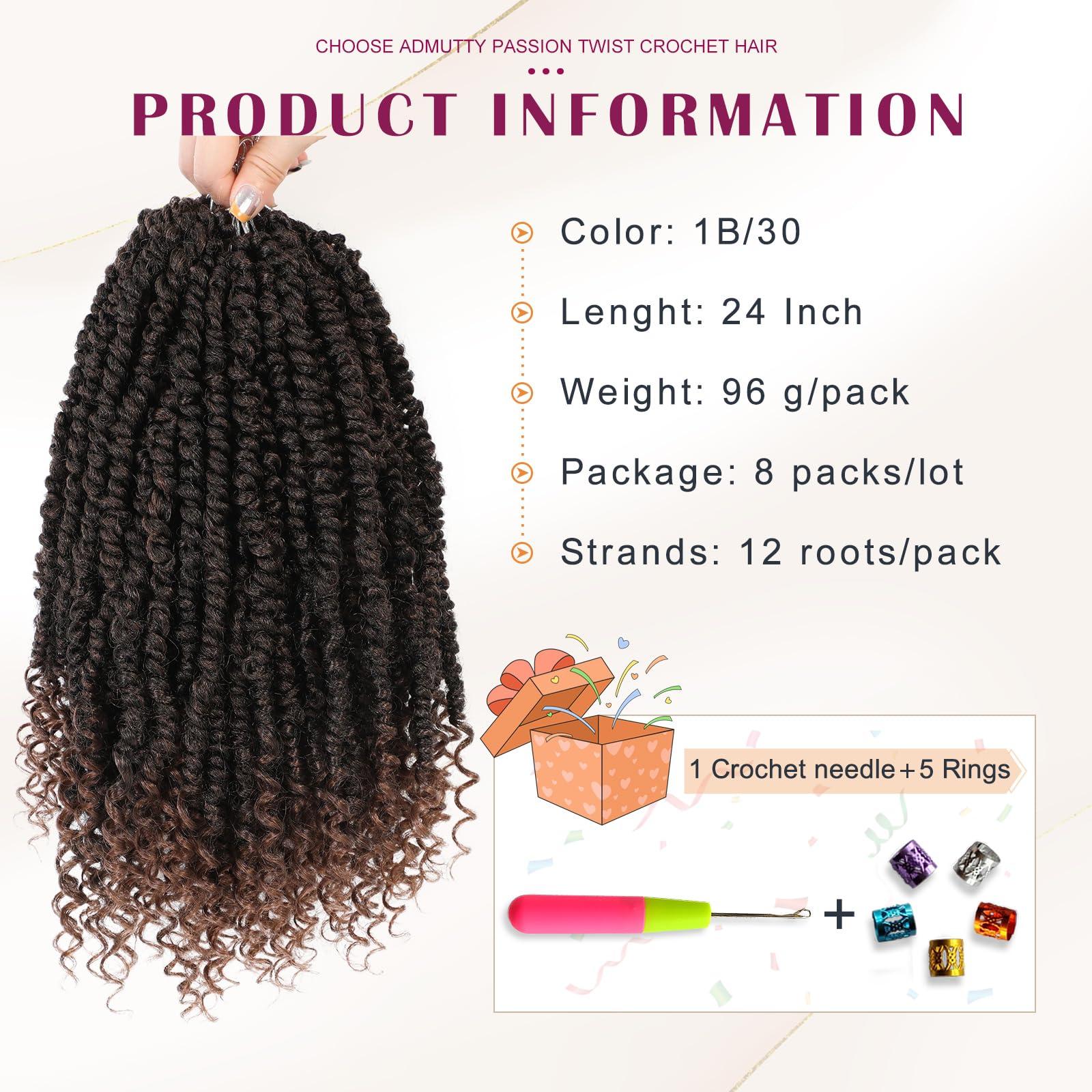 Admutty Passion Twist Crochet Hair,Passion Twist Hair 24 Inch,8 Packs Pre-twisted Passion Twist Hair,Short Passion Twist Crochet Braids,Pre Looped Crochet Hair for Black Women(T30)