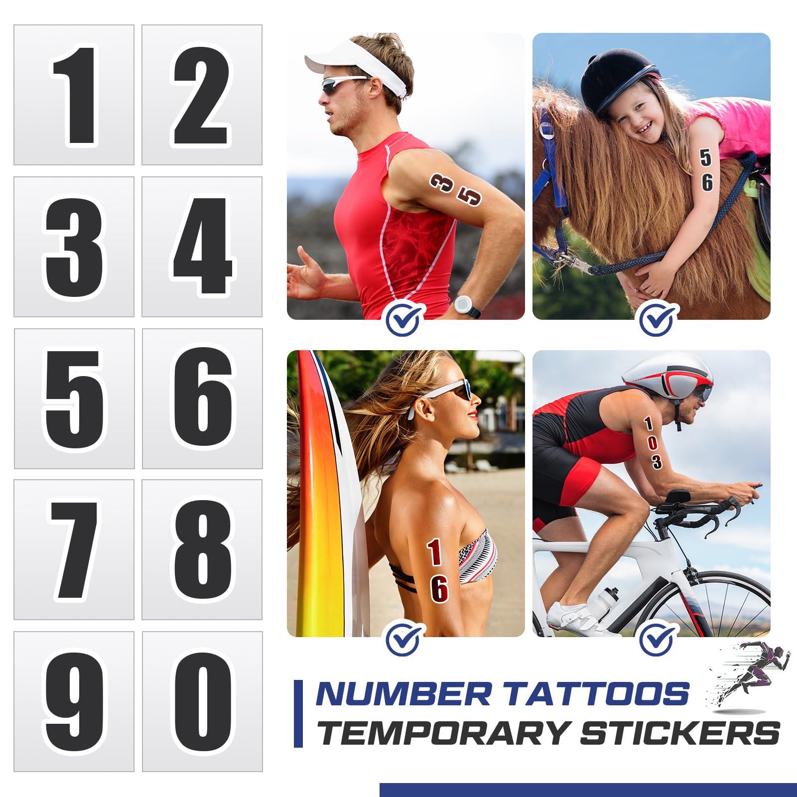 Dimsile 100 Pcs Triathlon Number Tattoos Temporary Number 0 to 9 Digits Tattoos Stickers 10 of Each Numerals Tattoo Numbers on Body Arm Chest Neck Shoulder Face for Party Supplies Athletes Sports Race