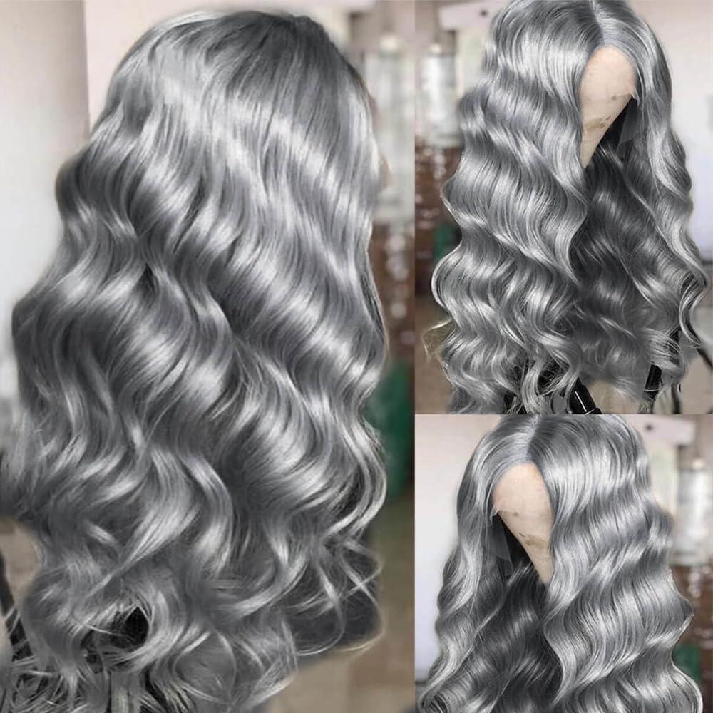 Manyisi Grey Lace Front Body Wave Wig - Human Hair 13x4 28 inch Pre-Plucked w/ Baby Hair 180% Density