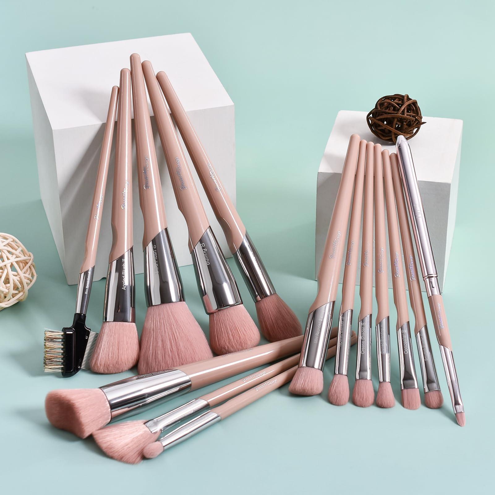 Bueart Design Bueart design 16Pcs ULTRA SOFT Labeled Best Makeup Brushes set with Travel Holder case face Contour Foundation brushes (16Pcs Elegant+Pink Holder)