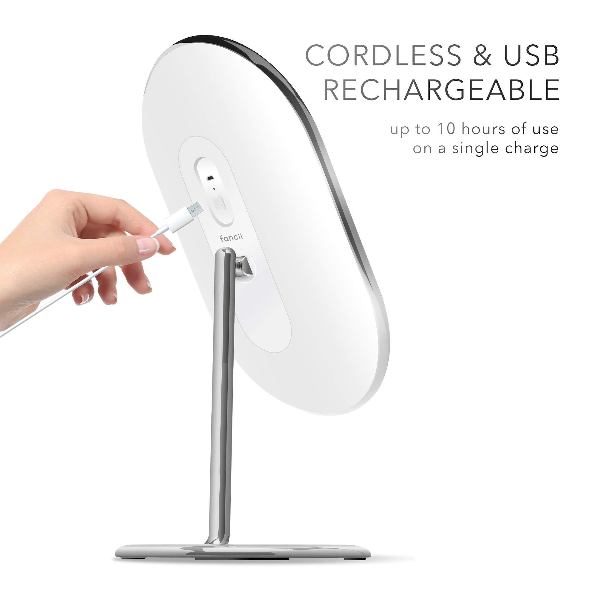 Fancii Fancii Vera LED Lighted Vanity Makeup Mirror, Rechargeable - Cordless Illuminated Cosmetic Mirror with 3 Dimmable Light Settings, Dual Magnification (Chrome)