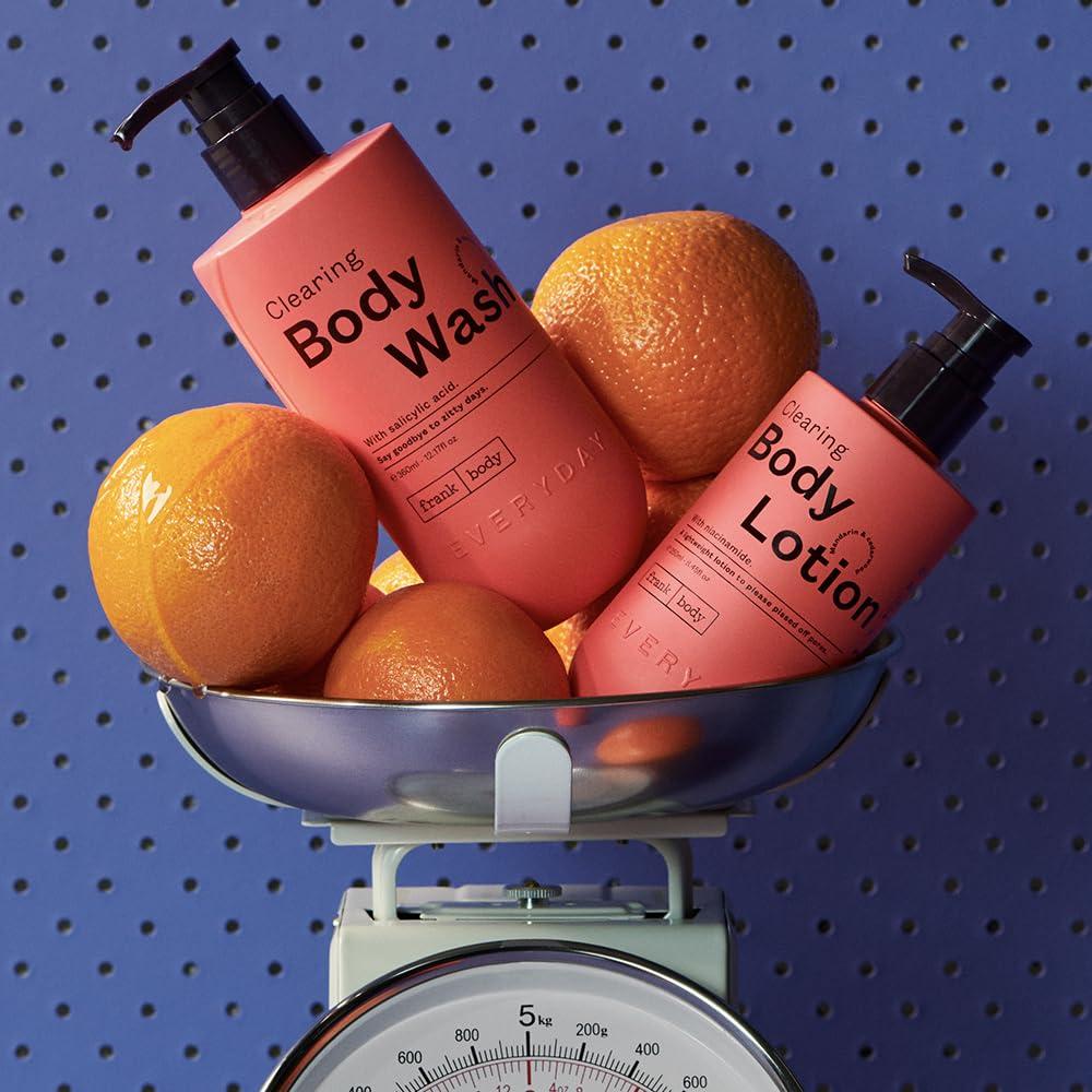 frank body frank body Clearing Body Wash & Body Lotion Bundle | Vegan & Cruelty Free | Removes Stubborn Dead Skin, Excess Oil, Black & White Heads| Mandarin & Cedarwood Scent