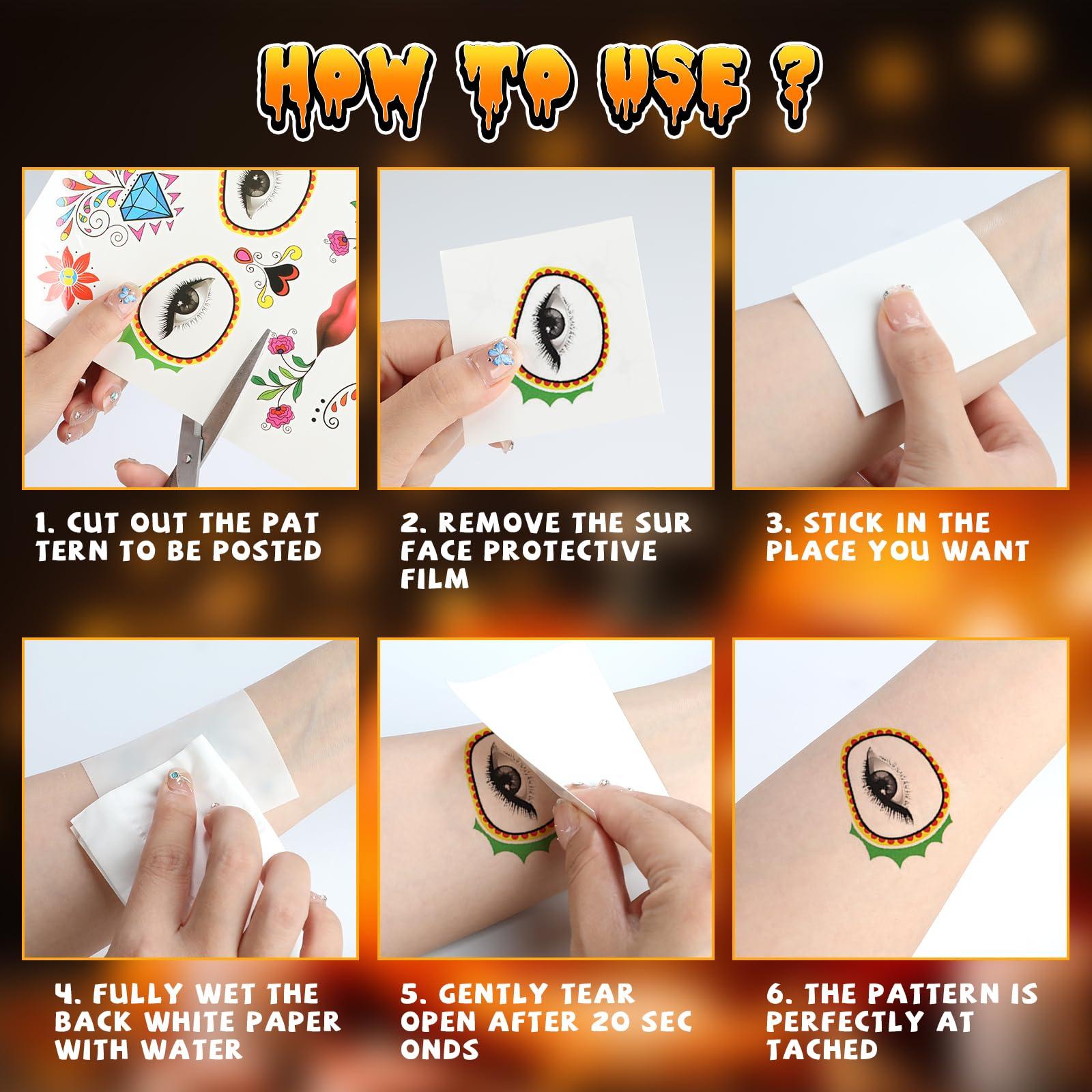 ARPOVIST 8 Sheets Temporary Face Tattoo,Temporary Sugar Skull Face Stickers,Halloween tattoos,Day of the Dead Face Tattoos,Face & Body Tattoos Waterproof Makeup Tattoo Stickers for Halloween Party Makeup