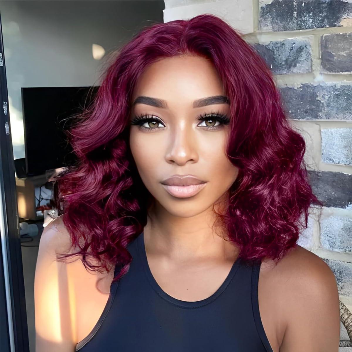 Tinashe Tinashe 99J Burgundy Bob Wig Human Hair 56 Frontal Lace Wig Human Hair Glueless Pre Plucked with Baby Hair Loose Body Bob Wigs for Black Women 180% Density Pre Cut Lace Pre Bleached Knots-12 inch