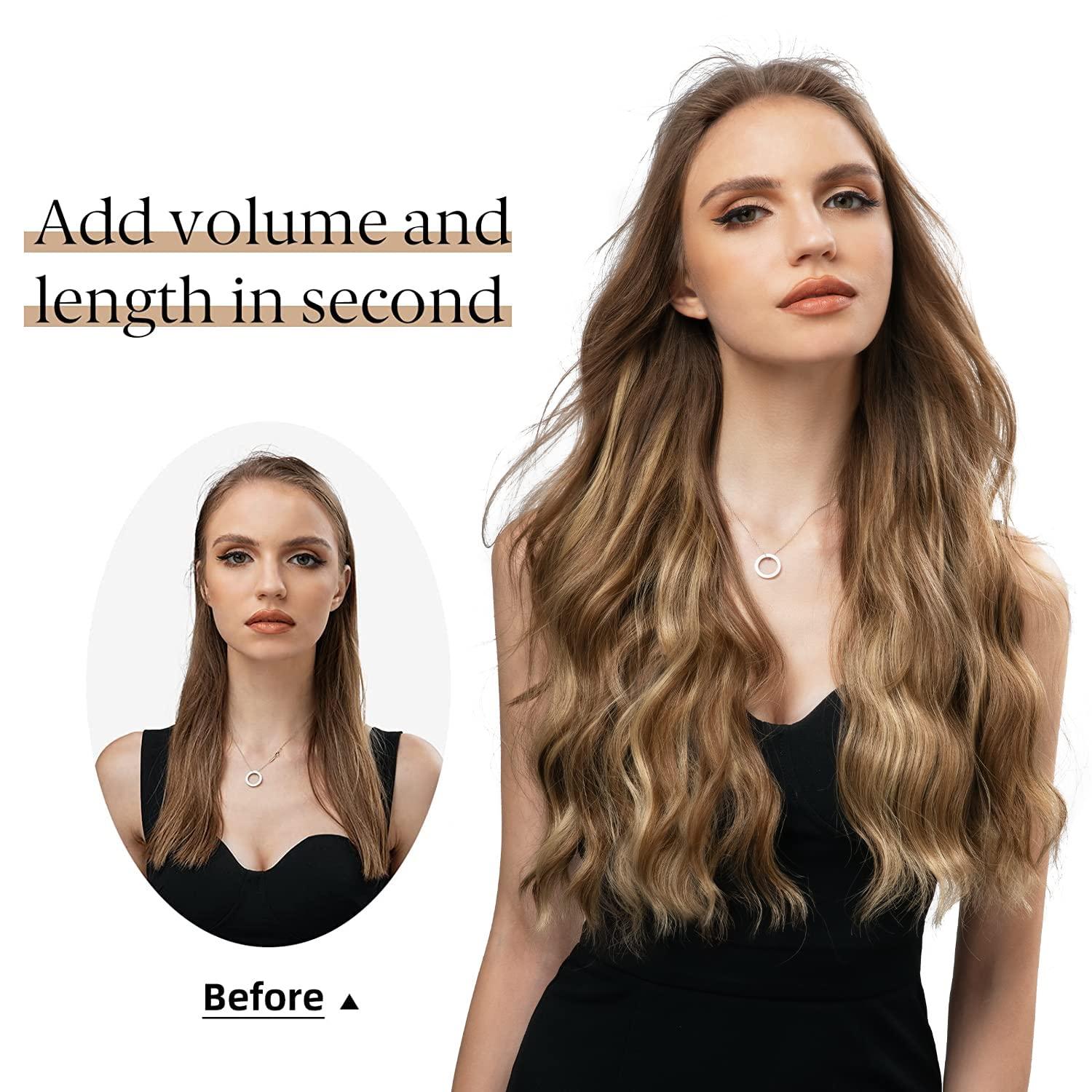 SARLA SARLA Invisible Wire Hair Extension with 3 Clips Synthetic Long Beach Wave Hairpiece Transparent Adjustable Headband for Women 24 Inch Honey Blonde/Bleach Blonde