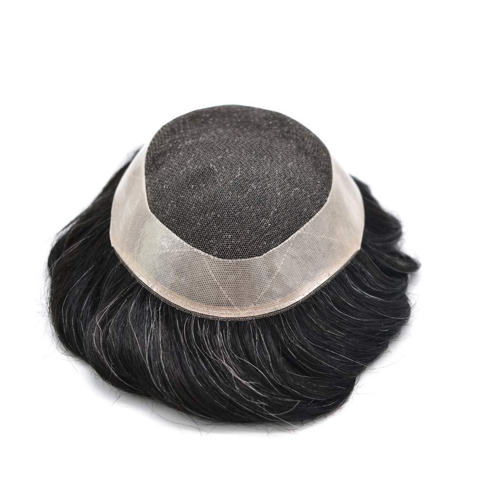 F M FACE MIRACLE NEW YORK Mens Toupee Human Hair Piece French Lace Poly Skin Around Hair System Durable NPU Transparent Lace Wig Hair Units for Men FACE MIRACLE (6"*9", 1B60# 1B# Off Black+60% Synthetic Grey-120% Medium Light to Medium Density)