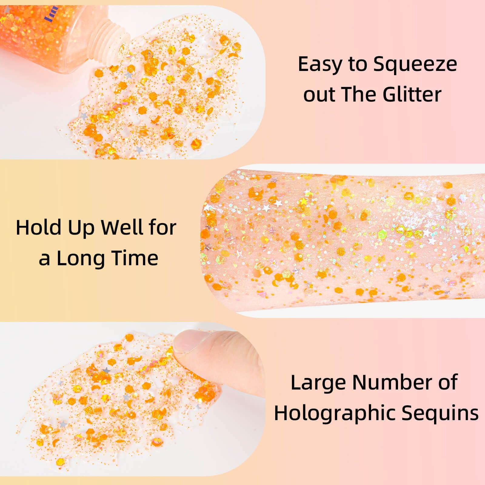 MEICOLY MEICOLY Orange Face Body Glitter,Sparkling Face Glitter Gel,Mermaid Sequins Face Paint Glitter Autumn Makeup,Eye Hair Chunky Festival Rave Accessories Makeup,Party Body Glitter Gel for Women Kids,50ml