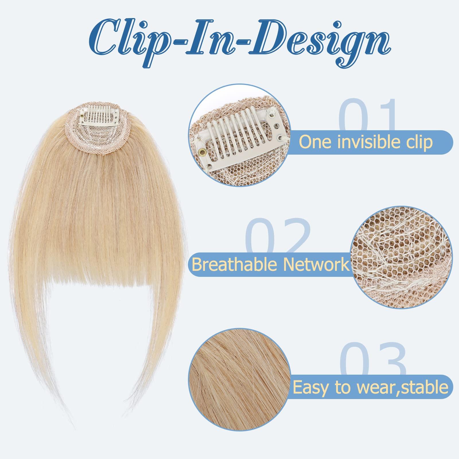 SLEEKALON SLEEKALON Natural Blonde Clip in Bangs Human Hair Wispy Bangs Clip On Blonde Fringe Bang Real Hair Bangs with Temples Full Flat Bangs Clip ins Hairpiece for Women Daily Wear(#24-Natural Blonde)