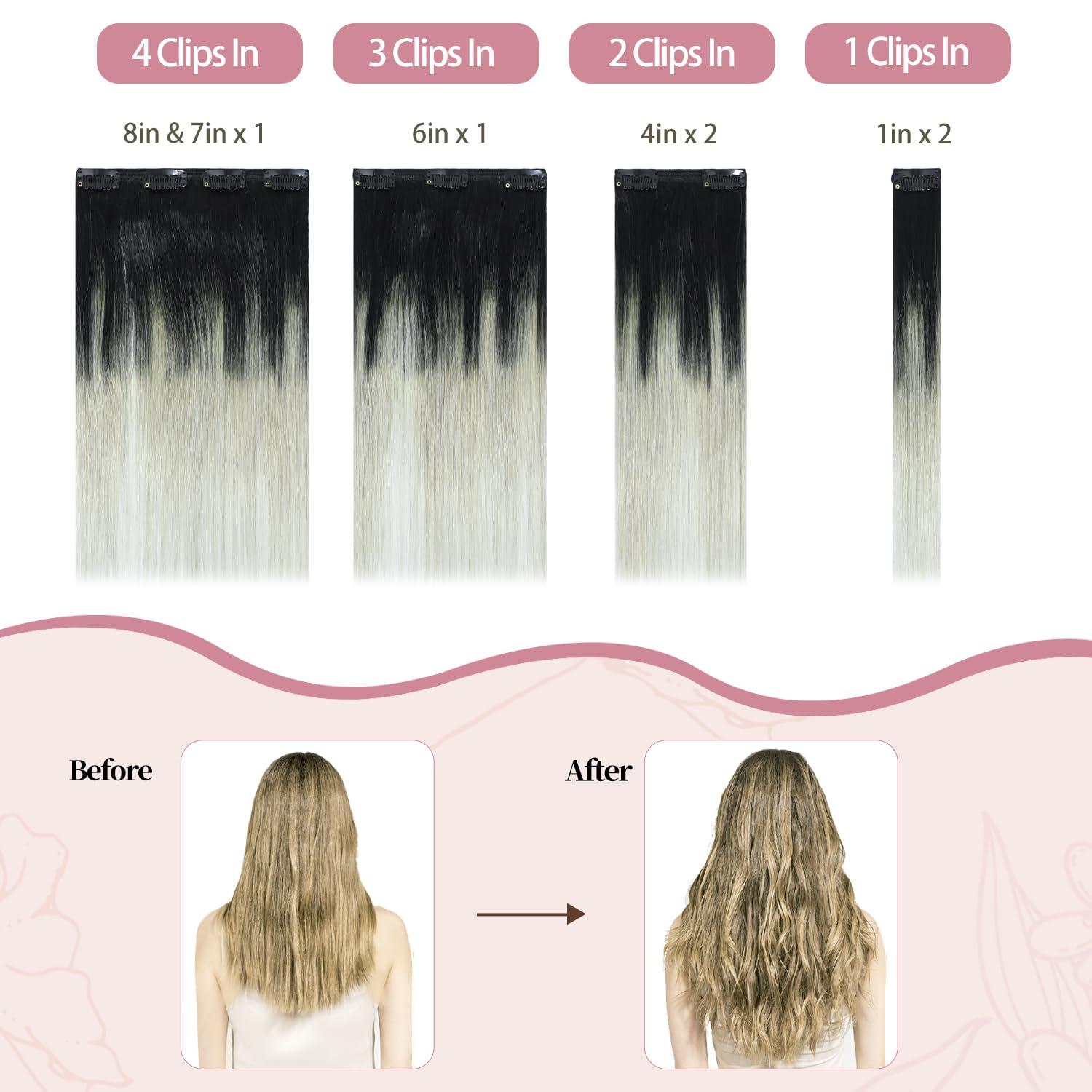 HUAYI HUAYI Black and Silver Ombre Clip in Hair Extensions Real Human Hair 120g Black to Grey Remy Human Hair Clip in Extensions 14 Inch Soft Silky Straight 7pcs 16clips One Pack (Black/Silky/Gray)
