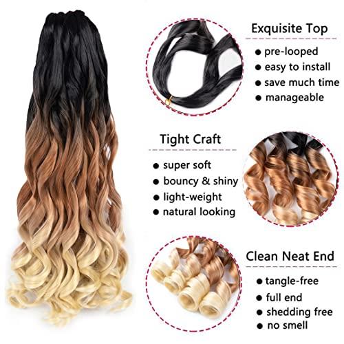 kossys French Curly Braiding Hair 24 inch 8 Packs 1B/27/613 Loose Wave Crochet Hair Pre Stretched Bouncy Yaki Braiding Hair Copper French Curl Braids Synthetic Hair Extensions
